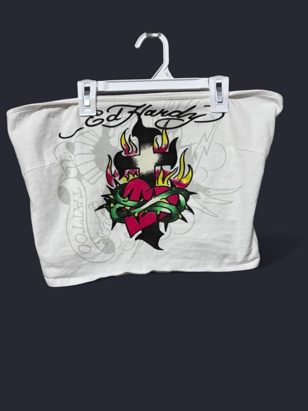 Ed Hardy White Strapless Logo Tube Top with Subtle Tattoo Print